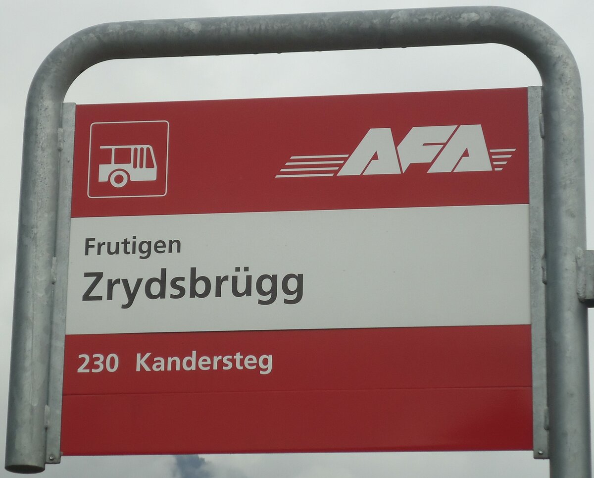 (138'452) - AFA-Haltestellenschild - Frutigen, Zrydsbr�gg - am 6. April 2012