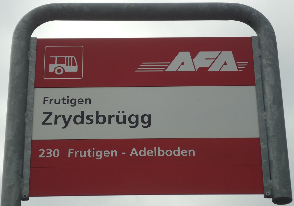 (138'453) - AFA-Haltestellenschild - Frutigen, Zrydsbr�gg - am 6. April 2012