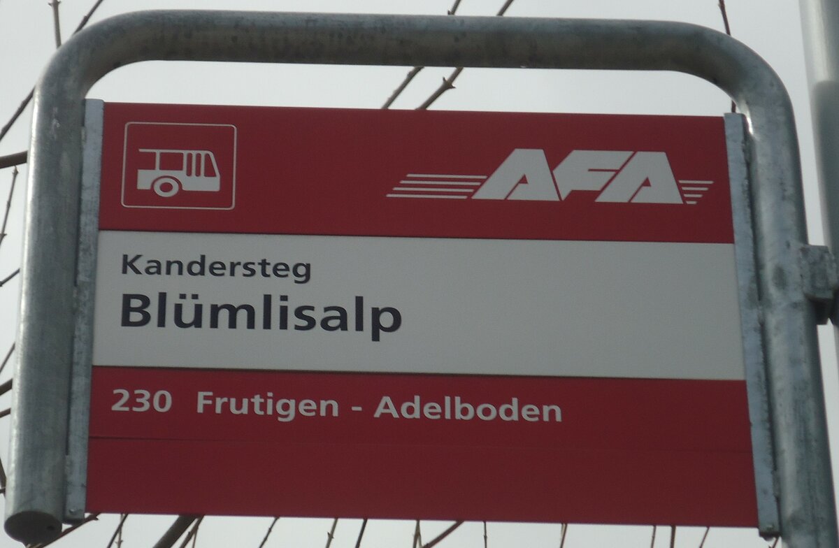 (138'473) - AFA-Haltestellenschild - Kandersteg, Bl�mlisalp - am 6. April 2012