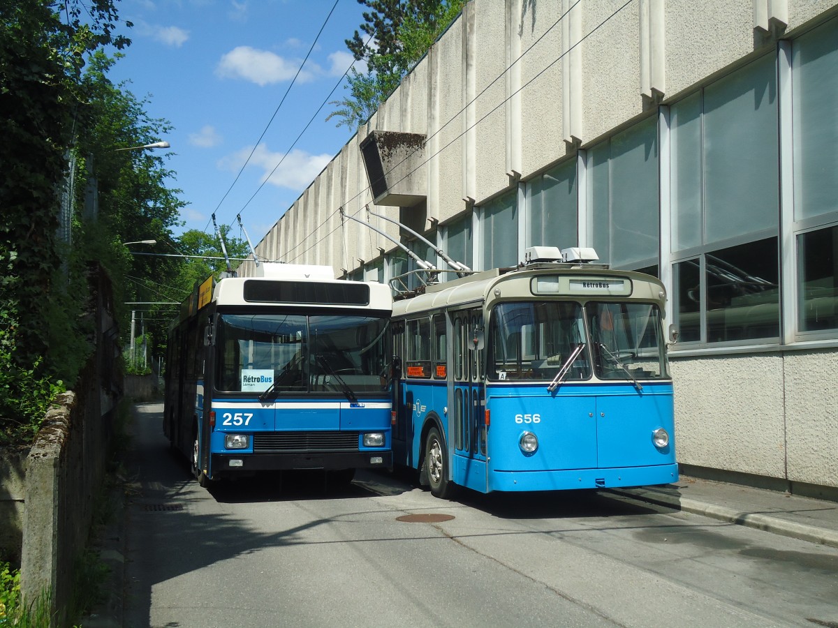 (138'755) - VBL Luzern (R�trobus) - Nr. 257 - NAW/R&J-Hess Trolleybus + TL Lausanne (R�trobus) - Nr. 656 - FBW/Eggli Trolleybus am 13. Mai 2012 in Lausanne, D�p�t Borde