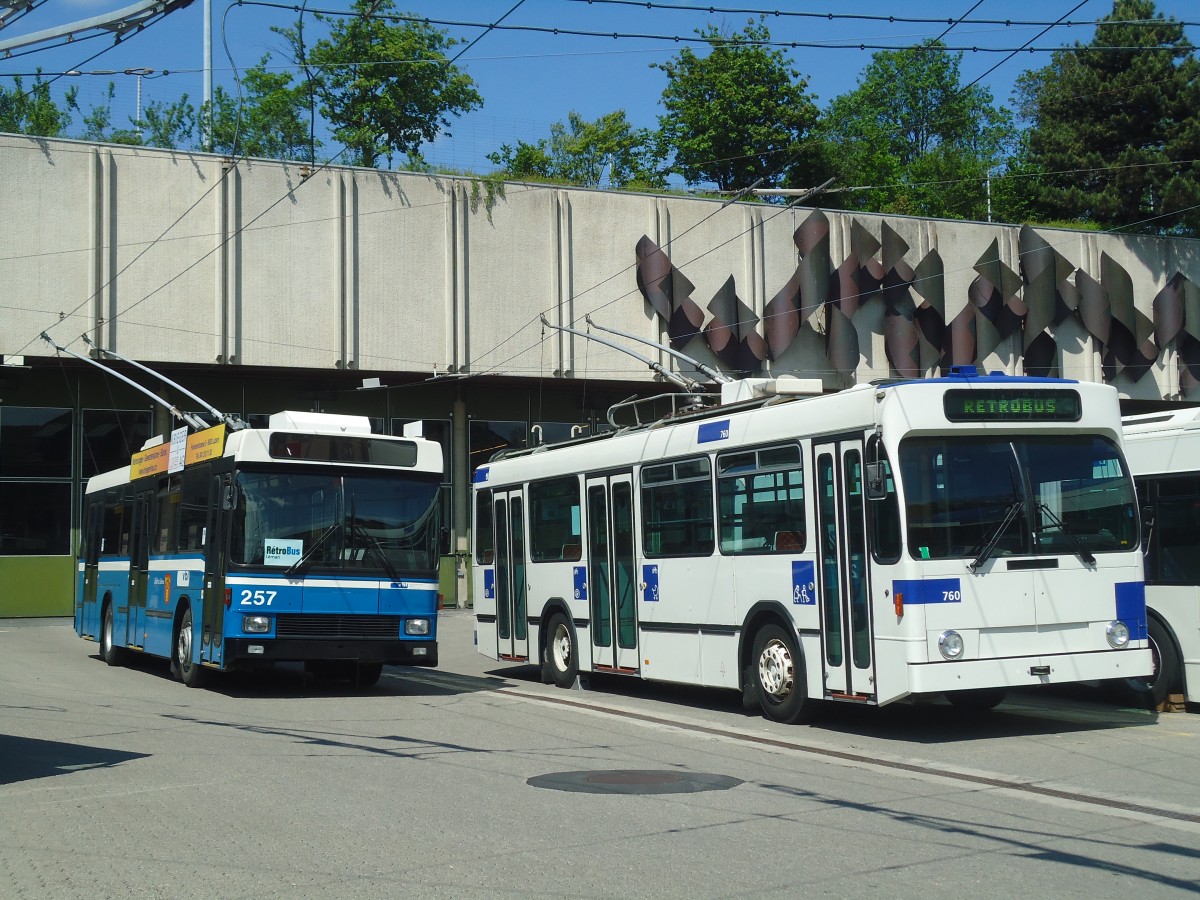 (138'786) - VBL Luzern (R�trobus) - Nr. 257 - NAW/R&J-Hess Trolleybus + TL Lausanne - Nr. 760 - NAW/Lauber Trolleybus am 13. Mai 2012 in Lausanne, D�p�t Borde