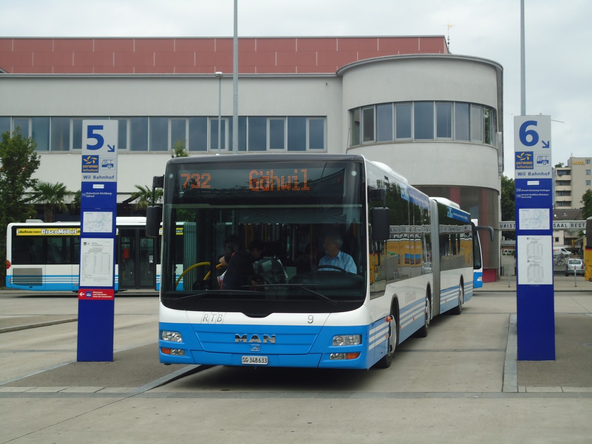 (140'448) - RTB Altst�tten - Nr. 9/SG 348'633 - MAN am 11. Juli 2012 beim Bahnhof Wil (Einsatz WilMobil)