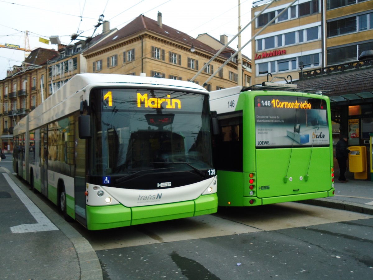 (142'711) - transN, La Chaux-de-Fonds - Nr. 139 - Hess/Hess Gelenktrolleybus (ex TN Neuch�tel Nr. 139) am 29. Dezember 2012 in Neuch�tel, Place Pury