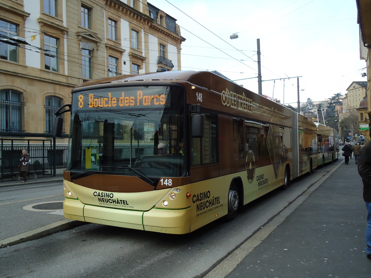 (142'712) - transN, La Chaux-de-Fonds - Nr. 148 - Hess/Hess Gelenktrolleybus (ex TN Neuch�tel Nr. 148) am 29. Dezember 2012 in Neuch�tel, Place Pury