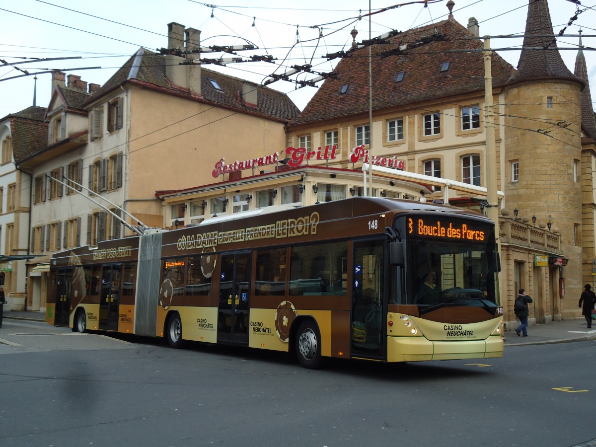 (142'714) - transN, La Chaux-de-Fonds - Nr. 148 - Hess/Hess Gelenktrolleybus (ex TN Neuch�tel Nr. 148) am 29. Dezember 2012 in Neuch�tel, Place Pury