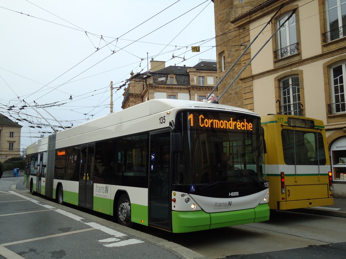 (142'718) - transN, La Chaux-de-Fonds - Nr. 135 - Hess/Hess Gelenktrolleybus (ex TN Neuch�tel Nr. 135) am 29. Dezember 2012 in Neuch�tel, Place Pury