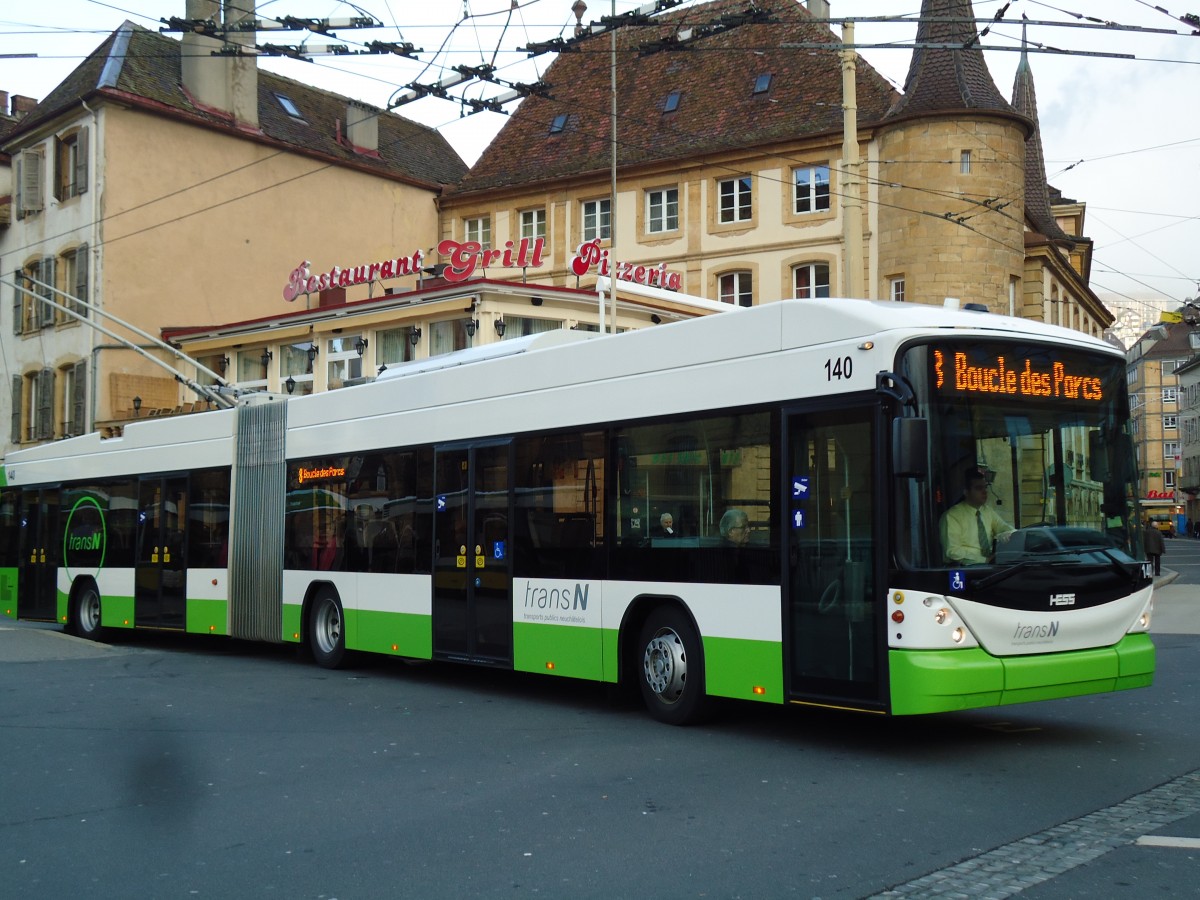 (142'722) - transN, La Chaux-de-Fonds - Nr. 140 - Hess/Hess Gelenktrolleybus (ex TN Neuch�tel Nr. 140) am 29. Dezember 2012 in Neuch�tel, Place Pury