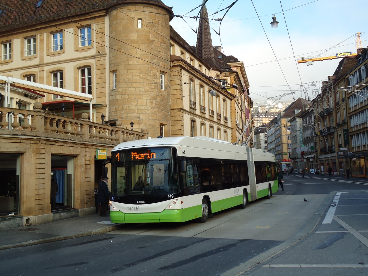 (142'725) - transN, La Chaux-de-Fonds - Nr. 149 - Hess/Hess Gelenktrolleybus (ex TN Neuch�tel Nr. 149) am 29. Dezember 2012 in Neuch�tel, Place Pury