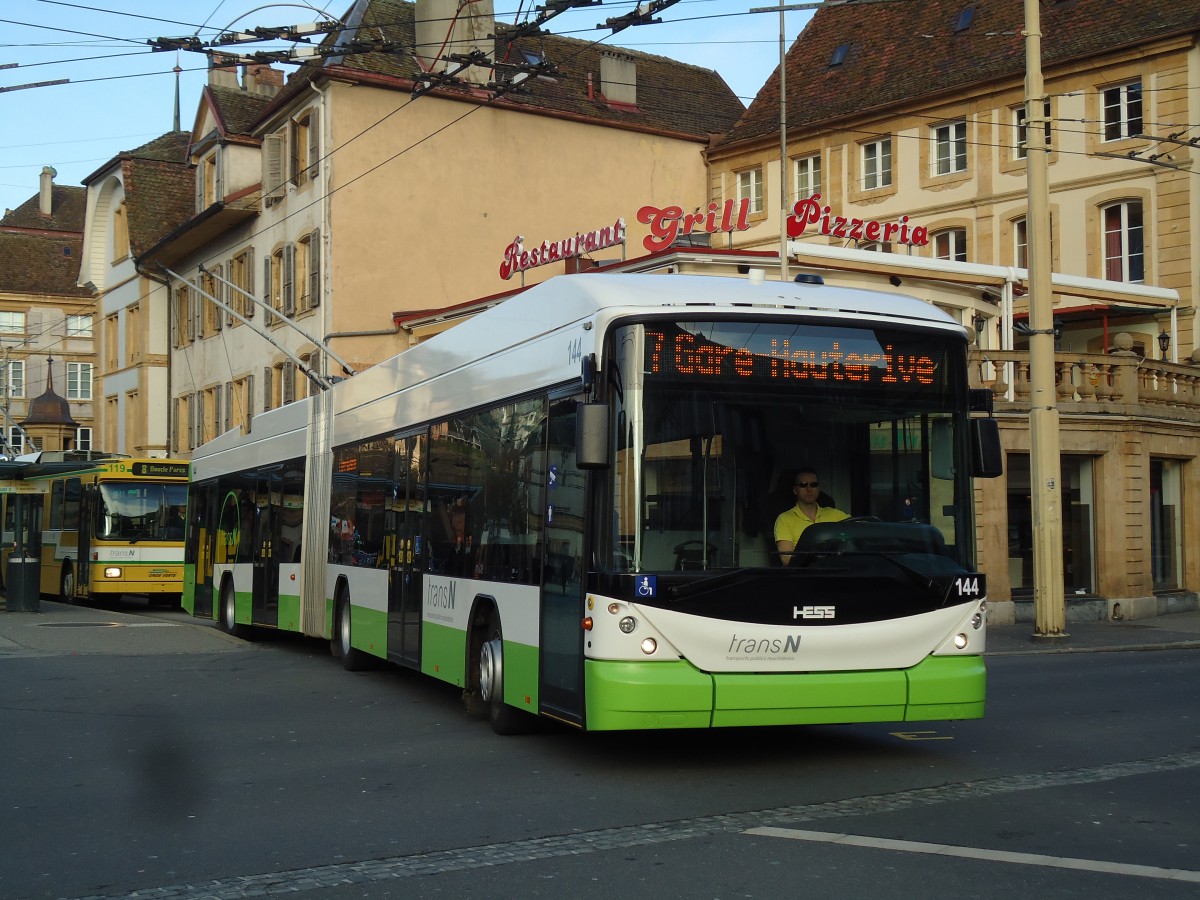 (142'728) - transN, La Chaux-de-Fonds - Nr. 144 - Hess/Hess Gelenktrolleybus (ex TN Neuch�tel Nr. 144) am 29. Dezember 2012 in Neuch�tel, Place Pury