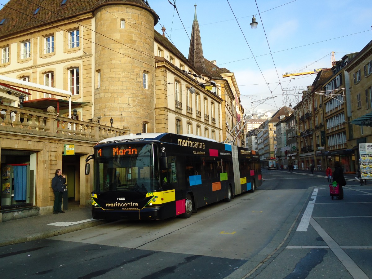 (142'731) - transN, La Chaux-de-Fonds - Nr. 131 - Hess/Hess Gelenktrolleybus (ex TN Neuch�tel Nr. 131) am 29. Dezember 2012 in Neuch�tel, Place Pury