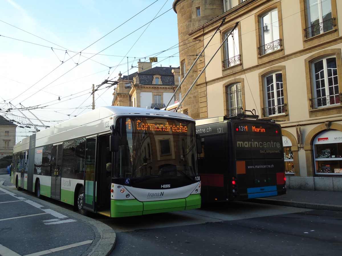 (142'732) - transN, La Chaux-de-Fonds - Nr. 138 - Hess/Hess Gelenktrolleybus (ex TN Neuch�tel Nr. 138) am 29. Dezember 2012 in Neuch�tel, Place Pury