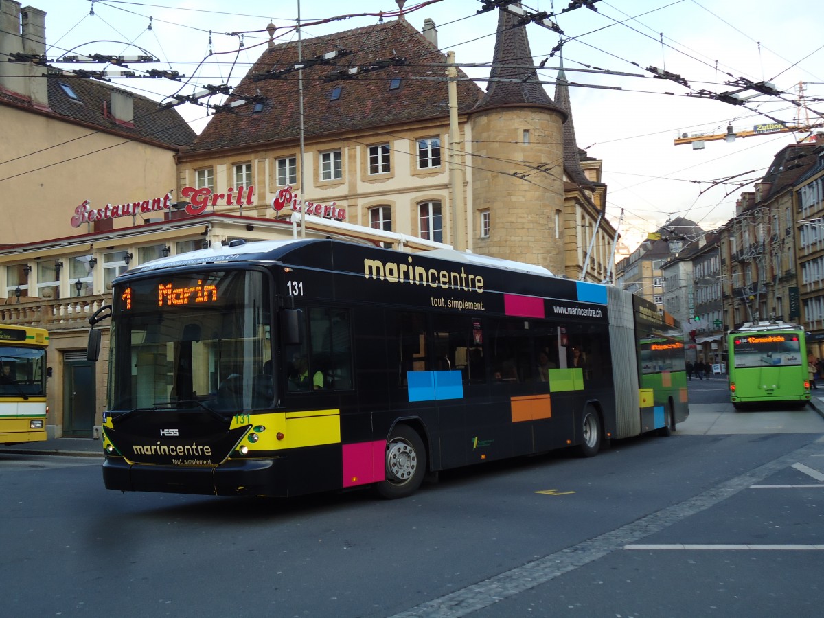 (142'734) - transN, La Chaux-de-Fonds - Nr. 131 - Hess/Hess Gelenktrolleybus (ex TN Neuch�tel Nr. 131) am 29. Dezember 2012 in Neuch�tel, Place Pury