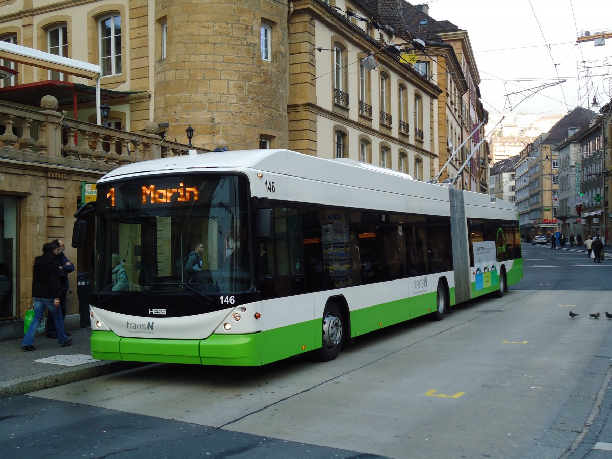 (142'739) - transN, La Chaux-de-Fonds - Nr. 146 - Hess/Hess Gelenktrolleybus (ex TN Neuch�tel Nr. 146) am 29. Dezember 2012 in Neuch�tel, Place Pury