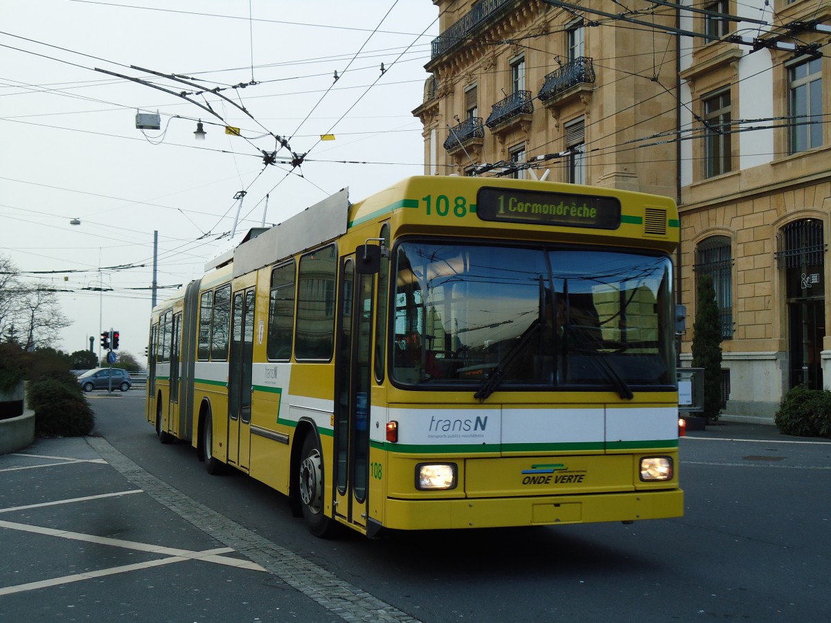 (142'740) - transN, La Chaux-de-Fonds - Nr. 108 - NAW/Hess Gelenktrolleybus (ex TN Neuch�tel Nr. 108) am 29. Dezember 2012 in Neuch�tel, Place Pury