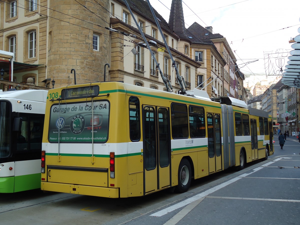 (142'741) - transN, La Chaux-de-Fonds - Nr. 108 - NAW/Hess Gelenktrolleybus (ex TN Neuch�tel Nr. 108) am 29. Dezember 2012 in Neuch�tel, Place Pury