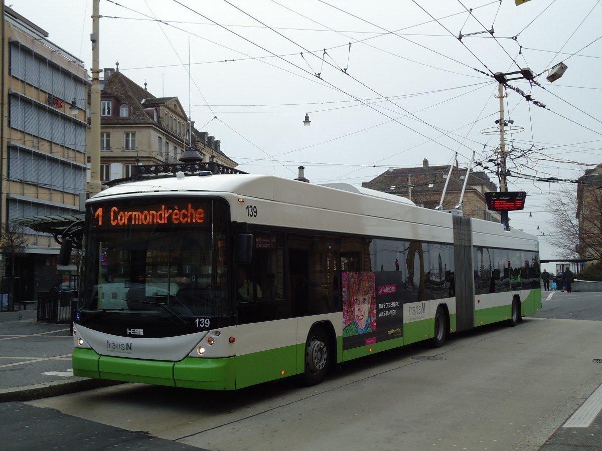(142'744) - transN, La Chaux-de-Fonds - Nr. 139 - Hess/Hess Gelenktrolleybus (ex TN neuch�tel Nr. 139) am 29. Dezember 2012 in Neuch�tel, Place Pury