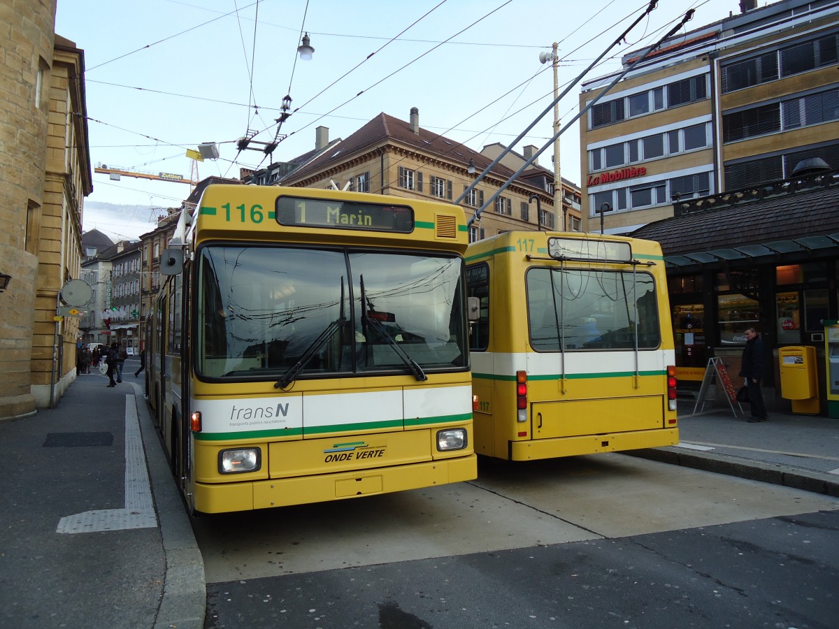(142'749) - transN, La Chaux-de-Fonds - Nr. 116 - NAW/Hess Gelenktrolleybus (ex TN Neuch�tel Nr. 116) am 29. Dezember 2012 in Neuch�tel, Place Pury