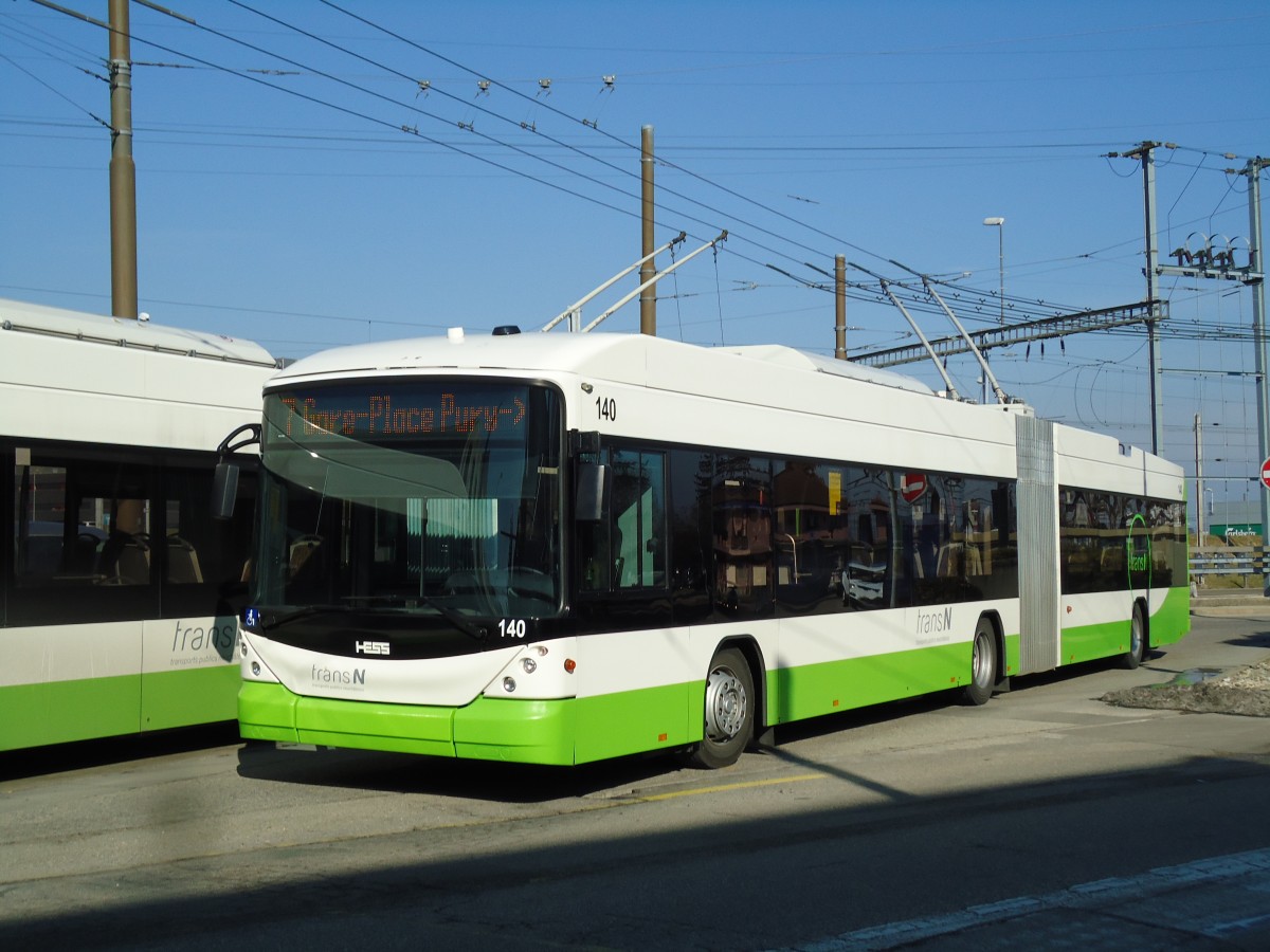 (143'290) - transN, La Chaux-de-Fonds - Nr. 140 - Hess/Hess Gelenktrolleybus (ex TN Neuch�tel Nr. 140) am 19. Februar 2013 beim Bahnhof Marin