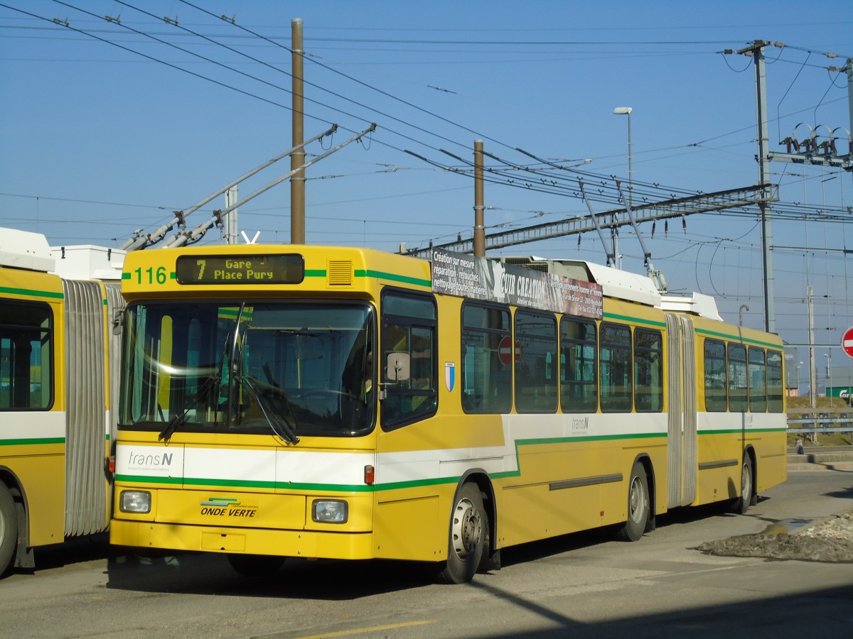 (143'296) - transN, La Chaux-de-Fonds - Nr. 116 - NAW/Hess Gelenktrolleybus (ex TN Neuch�tel Nr. 116) am 19. Februar 2013 beim Bahnhof Marin