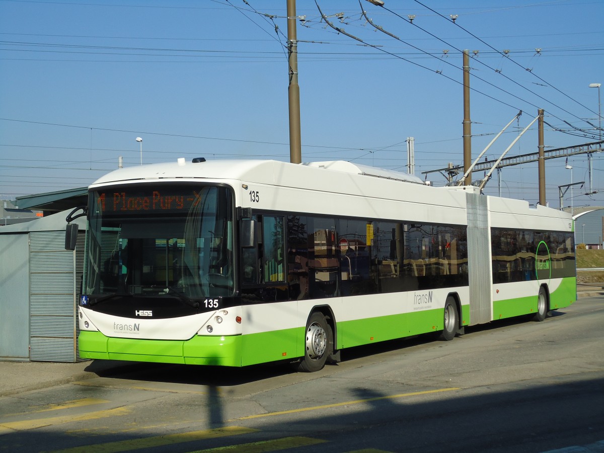 (143'299) - transN, La Chaux-de-Fonds - Nr. 135 - Hess/Hess Gelenktrolleybus (ex TN Neuch�tel Nr. 135) am 19. Februar 2013 beim Bahnhof Marin