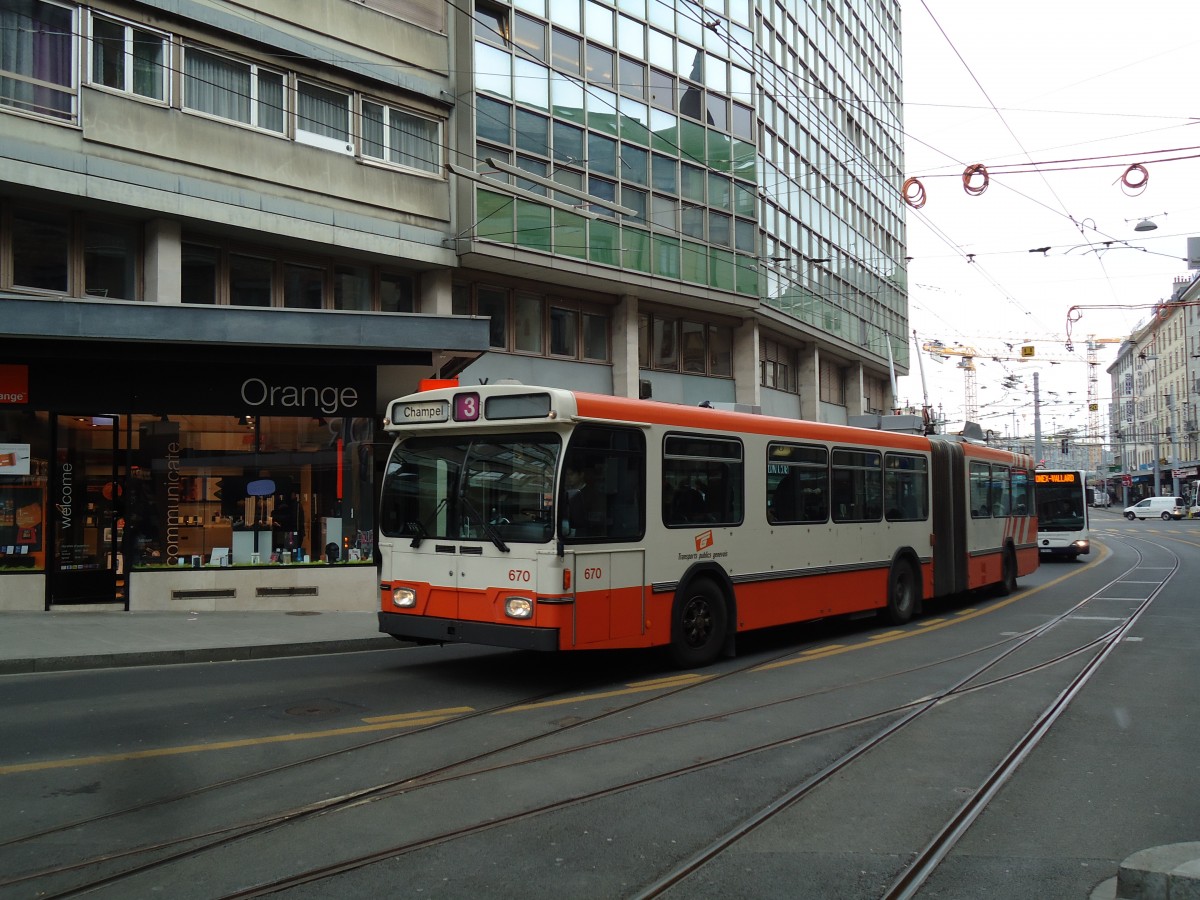 (143'379) - TPG Gen�ve - Nr. 670 - Saurer/Hess Gelenktrolleybus am 22. Februar 2013 in Gen�ve, Coutance