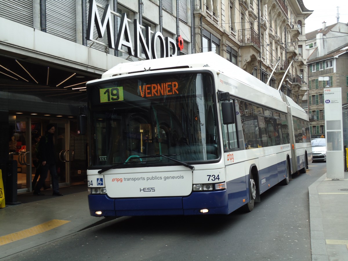 (143'390) - TPG Gen�ve - Nr. 734 - Hess/Hess Gelenktrolleybus am 22. Februar 2013 in Gen�ve, Coutance
