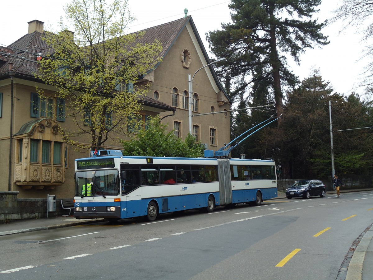(143'735) - VBZ Z�rich - Nr. 140 - Mercedes Gelenktrolleybus am 21. April 2013 in Z�rich, Botanischer Garten