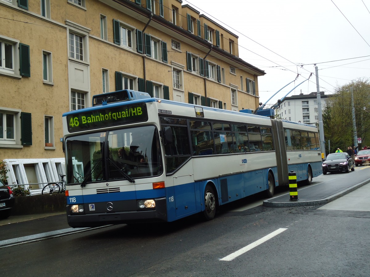 (143'763) - VBZ Z�rich - Nr. 118 - Mercedes Gelenktrolleybus am 21. April 2013 in Z�rich, Lehenstrasse