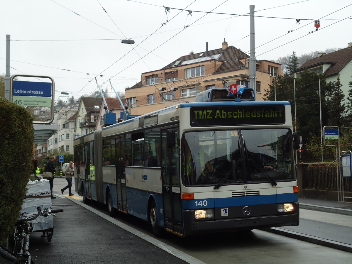 (143'764) - VBZ Z�rich - Nr. 140 - Mercedes Gelenktrolleybus am 21. April 2013 in Z�rich, Lehenstrasse