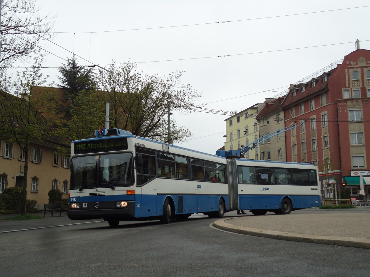 (143'768) - VBZ Z�rich - Nr. 140 - Mercedes Gelenktrolleybus am 21. April 2013 in Z�rich, Bullingerplatz