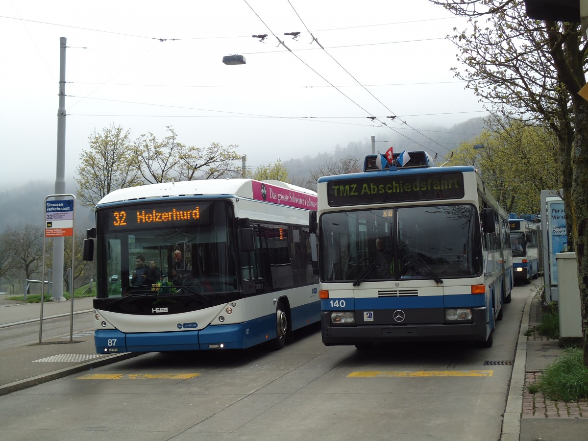(143'792) - VBZ Z�rich - Nr. 87 - Hess/Hess Doppelgelenktrolleybus + Nr. 140 - Mercedes Gelenktrolleybus am 21. April 2013 in Z�rich, Strassenverkehrsamt