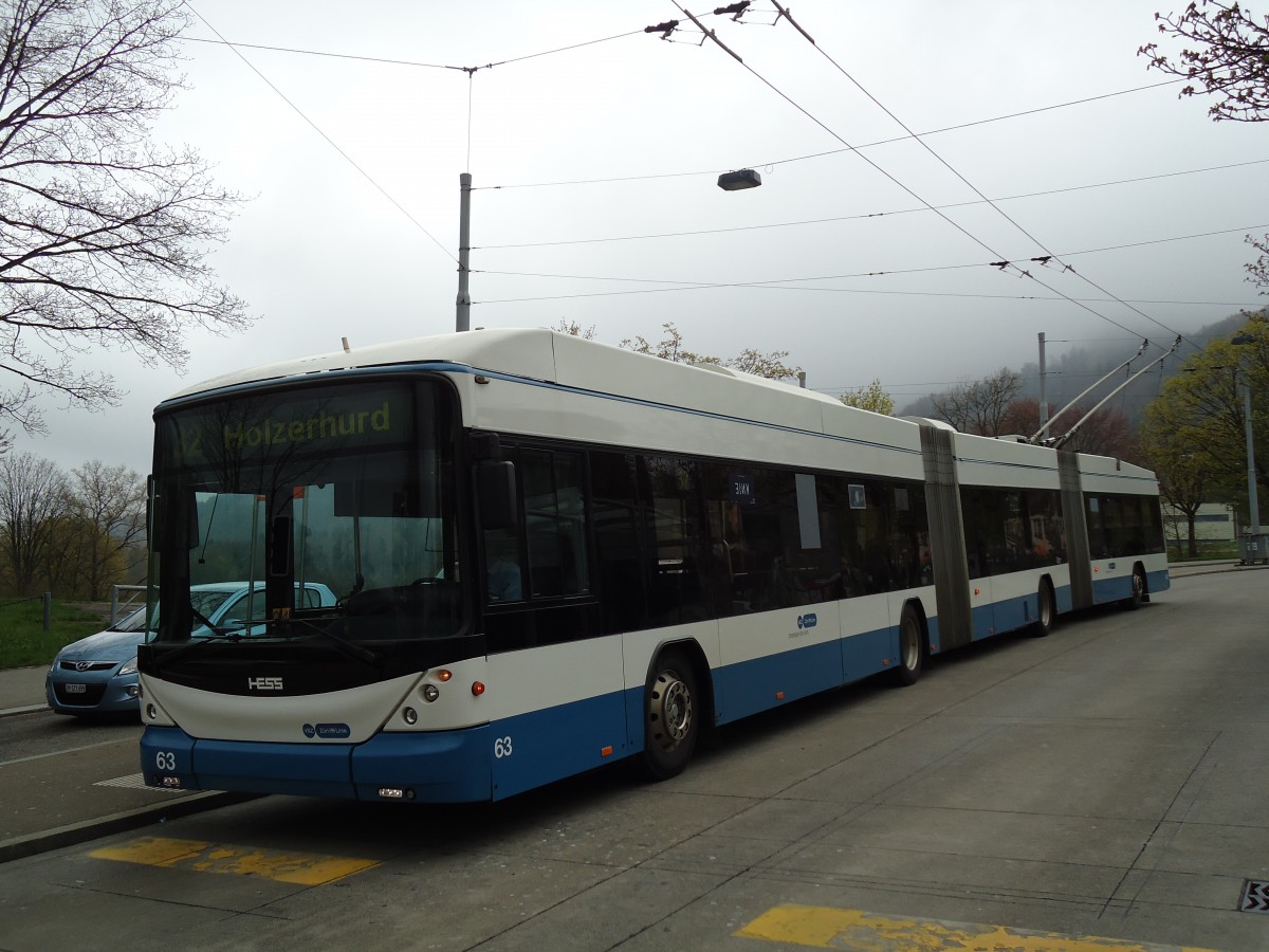 (143'800) - VBZ Z�rich - Nr. 63 - Hess/Hess Doppelgelenktrolleybus am 21. April 2013 in Z�rich, Strassenverkehrsamt