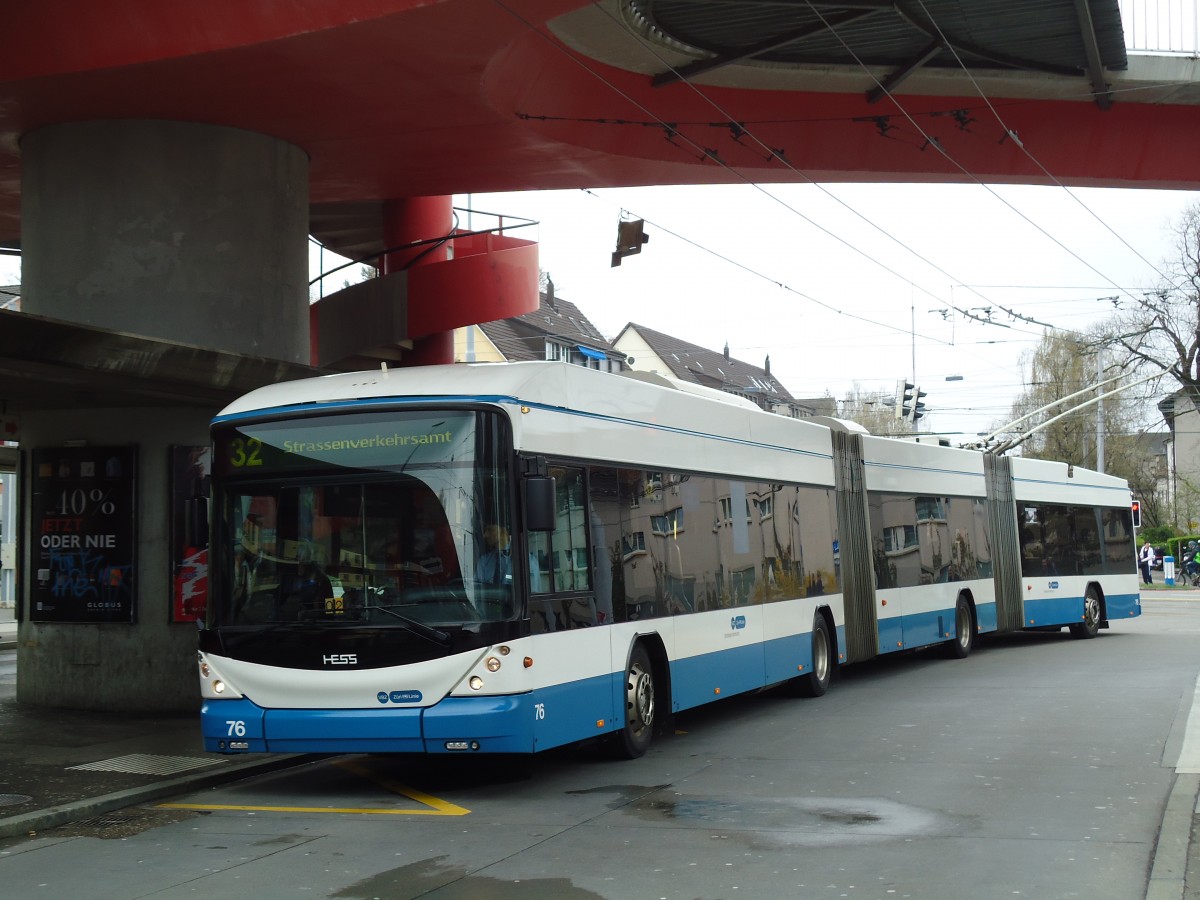 (143'804) - VBZ Z�rich - Nr. 76 - Hess/Hess Doppelgelenktrolleybus am 21. April 2013 in Z�rich, Bucheggplatz