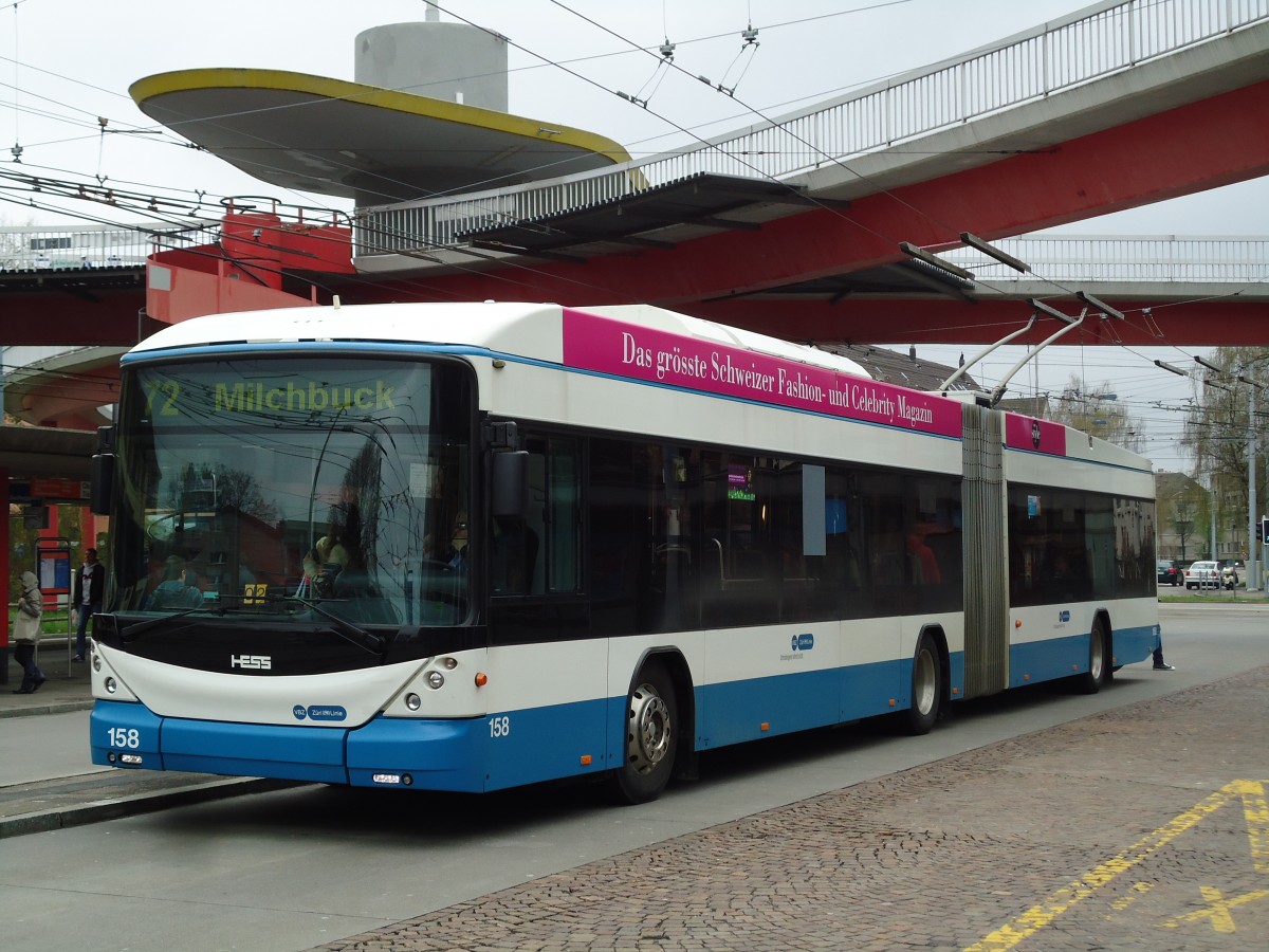 (143'807) - VBZ Z�rich - Nr. 158 - Hess/Hess Gelenktrolleybus am 21. April 2013 in Z�rich, Bucheggplatz