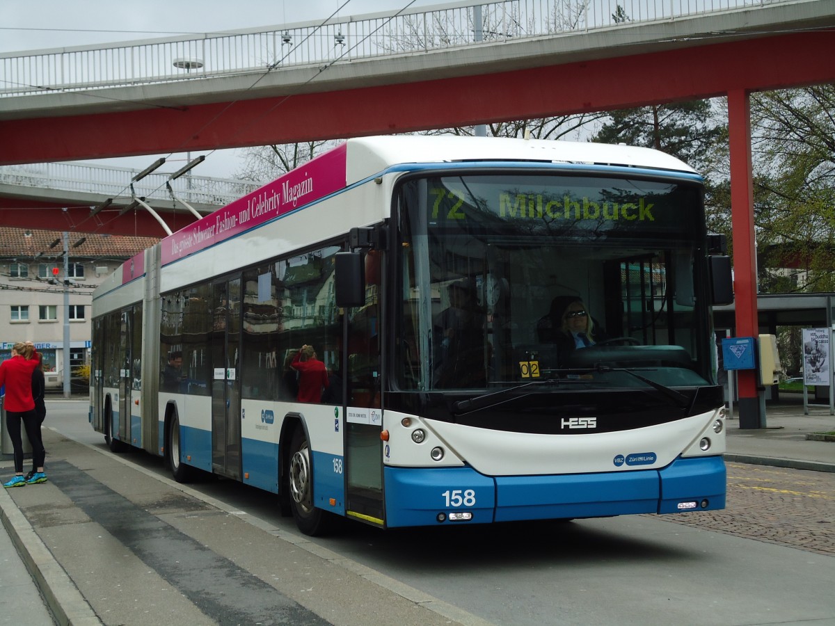 (143'808) - VBZ Z�rich - Nr. 158 - Hess/Hess Gelenktrolleybus am 21. April 2013 in Z�rich, Bucheggplatz