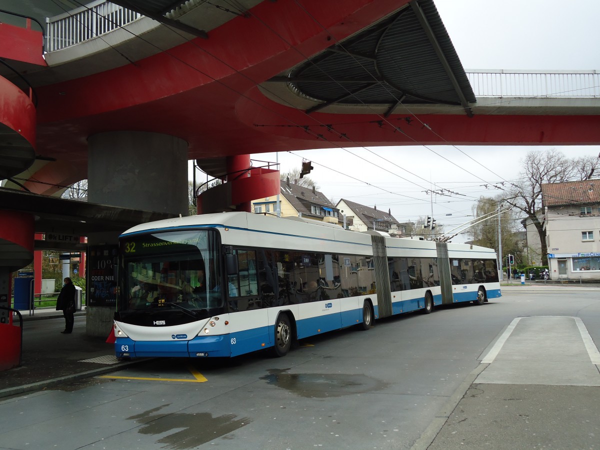 (143'814) - VBZ Z�rich - Nr. 63 - Hess/Hess Doppelgelenktrolleybus am 21. April 2013 in Z�rich, Bucheggplatz
