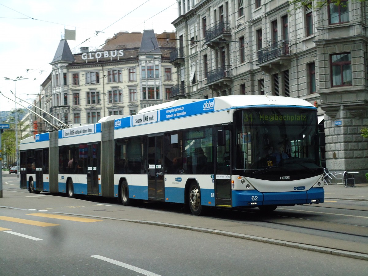 (143'986) - VBZ Z�rich - Nr. 62 - Hess/Hess Doppelgelenktrolleybus am 9. Mai 2013 in Z�rich, L�wenplatz