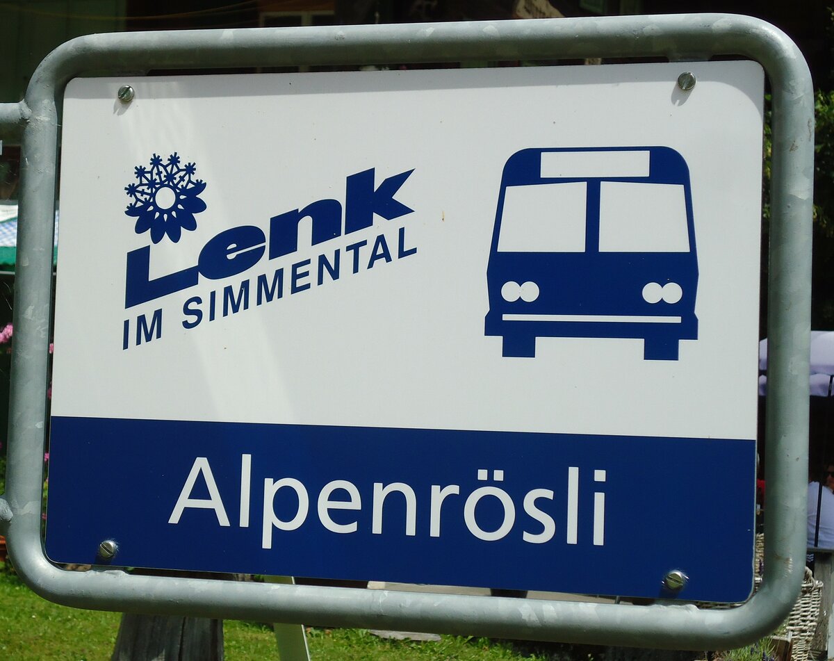 (146'136) - AFA-Haltestellenschild - Lenk, Alpenr�sli - am 28. Juli 2013
