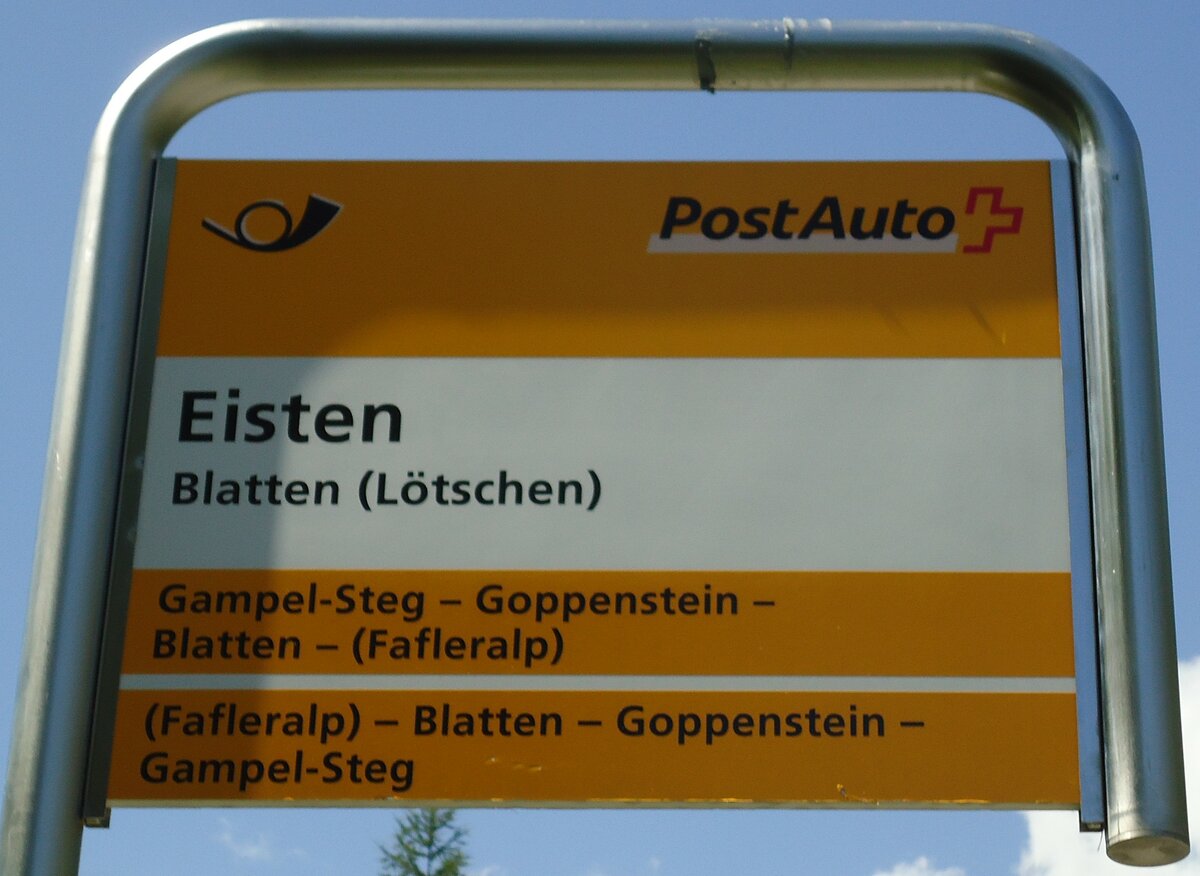 (146'254) - PostAuto-Haltestellenschild - Blatten (L�tschen), Eisten - am 5. August 2013