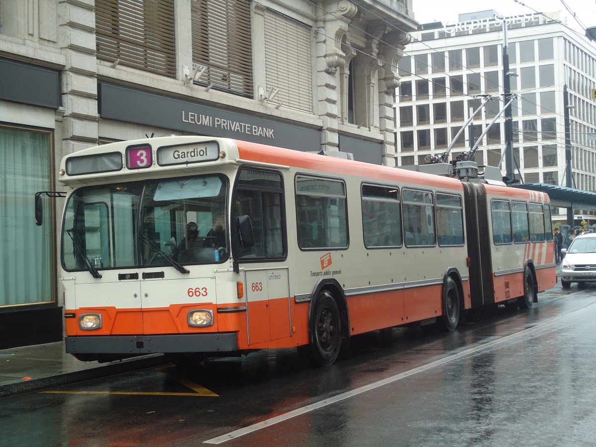 (147'147) - TPG Gen�ve - Nr. 663 - Saurer/Hess Gelenktrolleybus am 16. September 2013 in Gen�ve, Bel-Air