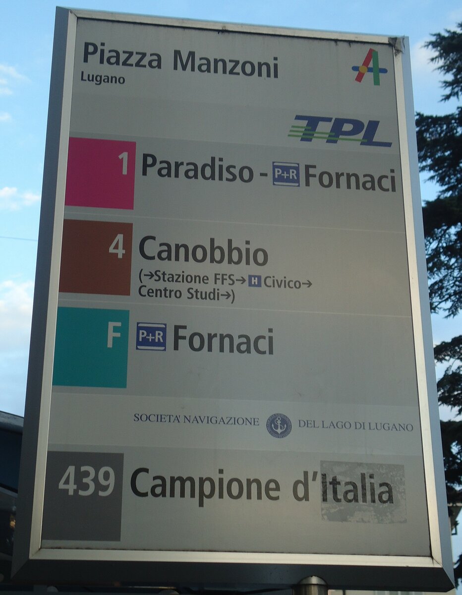 (147'753) - TPL/SOCIET� NAVIGAZIONE DEL LOGO DI LUGANO-Haltestellenschild - Lugano, Piazza Manzoni - am 5. November 2013