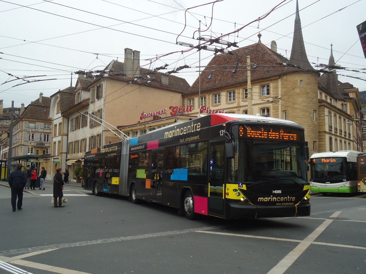 (147'981) - transN, La Chaux-de-Fonds - Nr. 131 - Hess/Hess Gelenktrolleybus (ex TN Neuch�tel Nr. 131) am 8. November 2013 in Neuch�tel, Place Pury