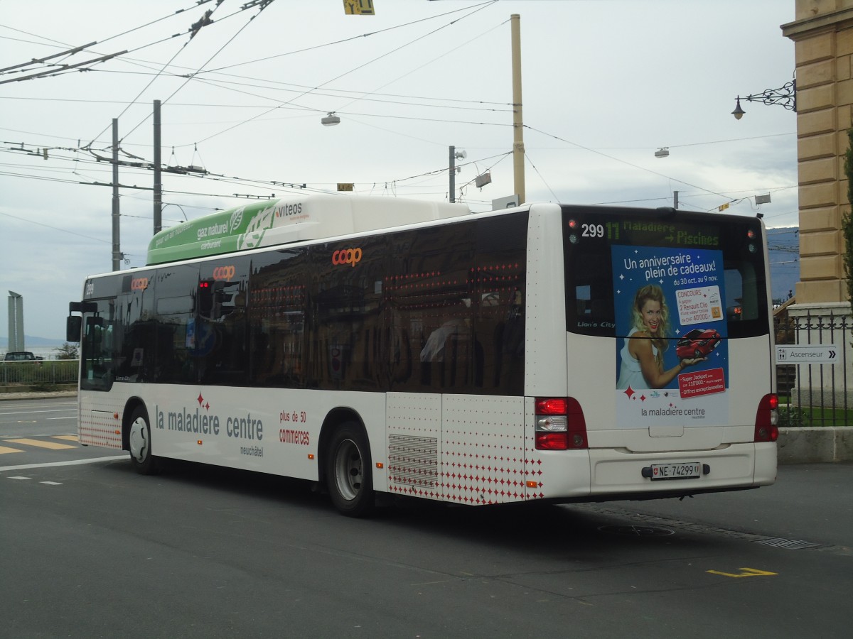 (147'996) - transN, La Chaux-de-Fonds - Nr. 299/NE 74'299 - MAN (ex TN Neuch�tel Nr. 299) am 8. November 2013 in Neuch�tel, Place Pury