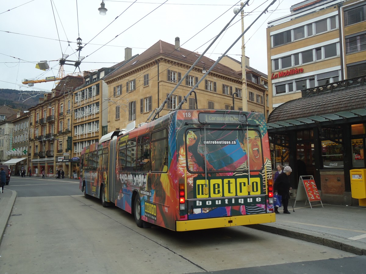 (148'002) - transN, La Chaux-de-Fonds - Nr. 118 - NAW/Hess Gelenktrolleybus (ex TN Neuch�tel Nr. 118) am 8. November 2013 in Neuch�tel, Place Pury