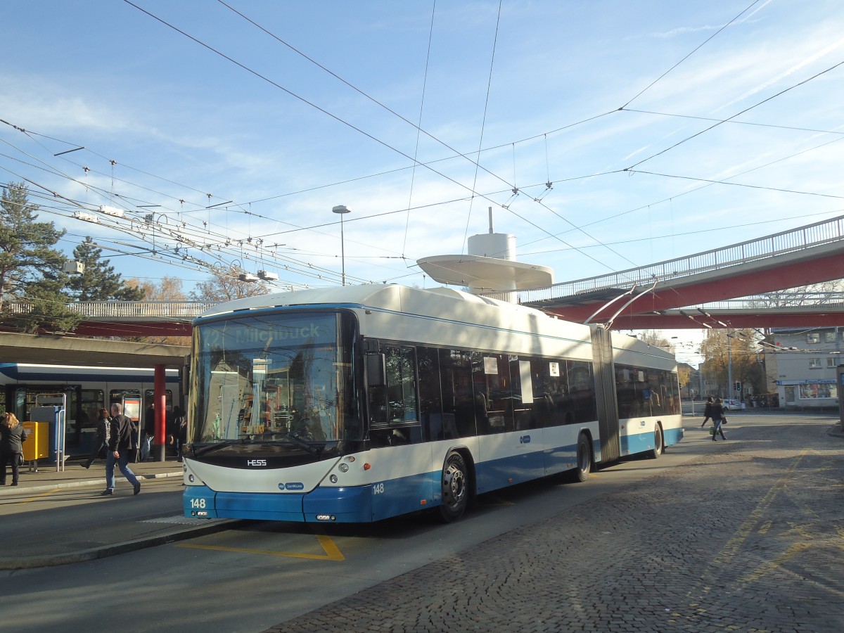 (148'266) - VBZ Z�rich - Nr. 148 - Hess/Hess Gelenktrolleybus am 9. Dezember 2013 in Z�rich, Bucheggplatz