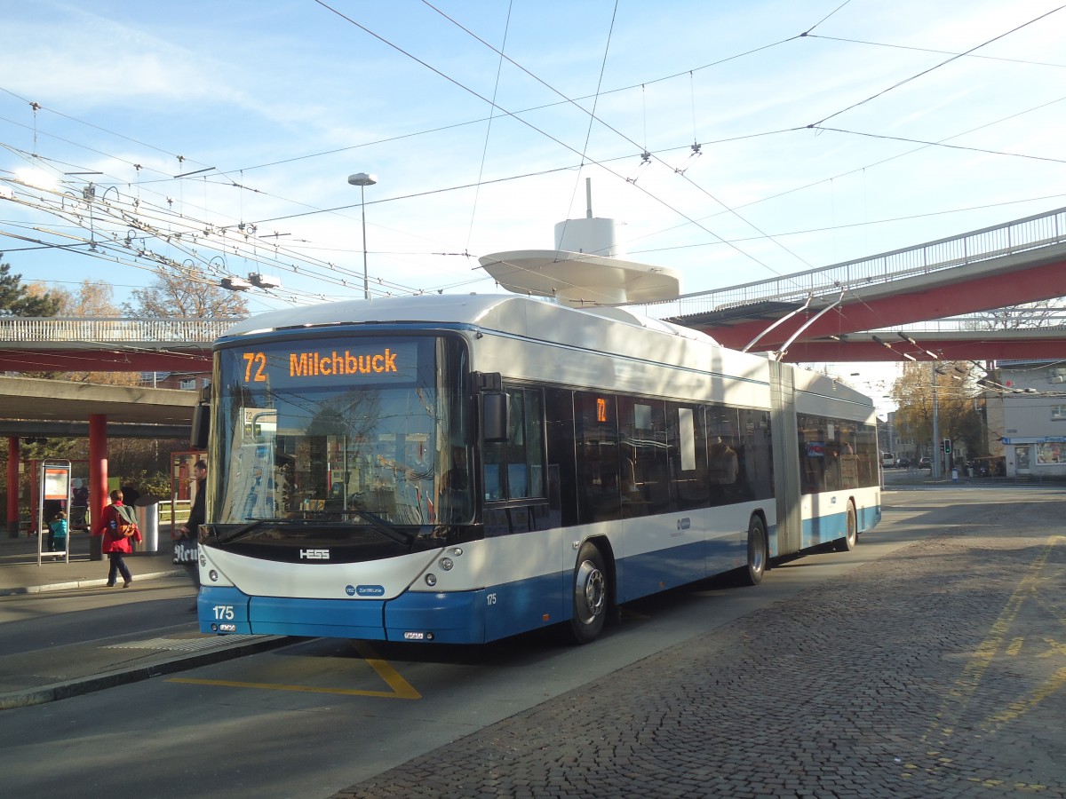 (148'269) - VBZ Z�rich - Nr. 175 - Hess/Hess Gelenktrolleybus am 9. Dezember 2013 in Z�rich, Bucheggplatz