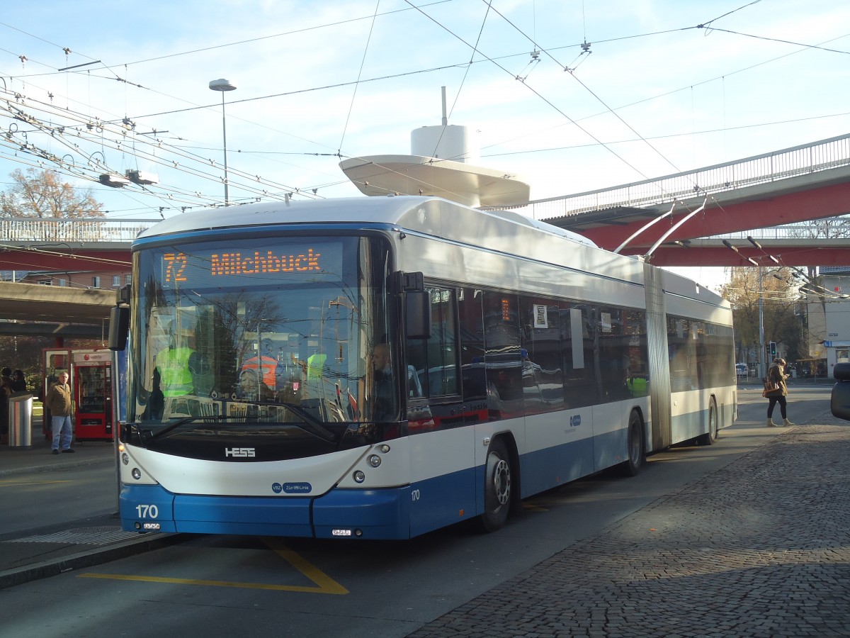 (148'278) - VBZ Z�rich - Nr. 170 - Hess/Hess Gelenktrolleybus am 9. Dezember 2013 in Z�rich, Bucheggplatz