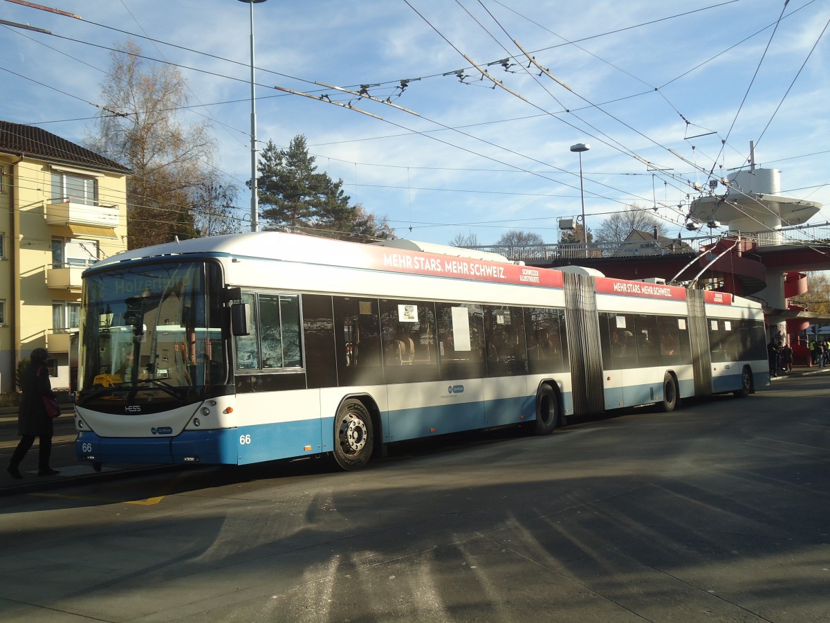 (148'279) - VBZ Z�rich - Nr. 66 - Hess/Hess Doppelgelenktrolleybus am 9. Dezember 2013 in Z�rich, Bucheggplatz