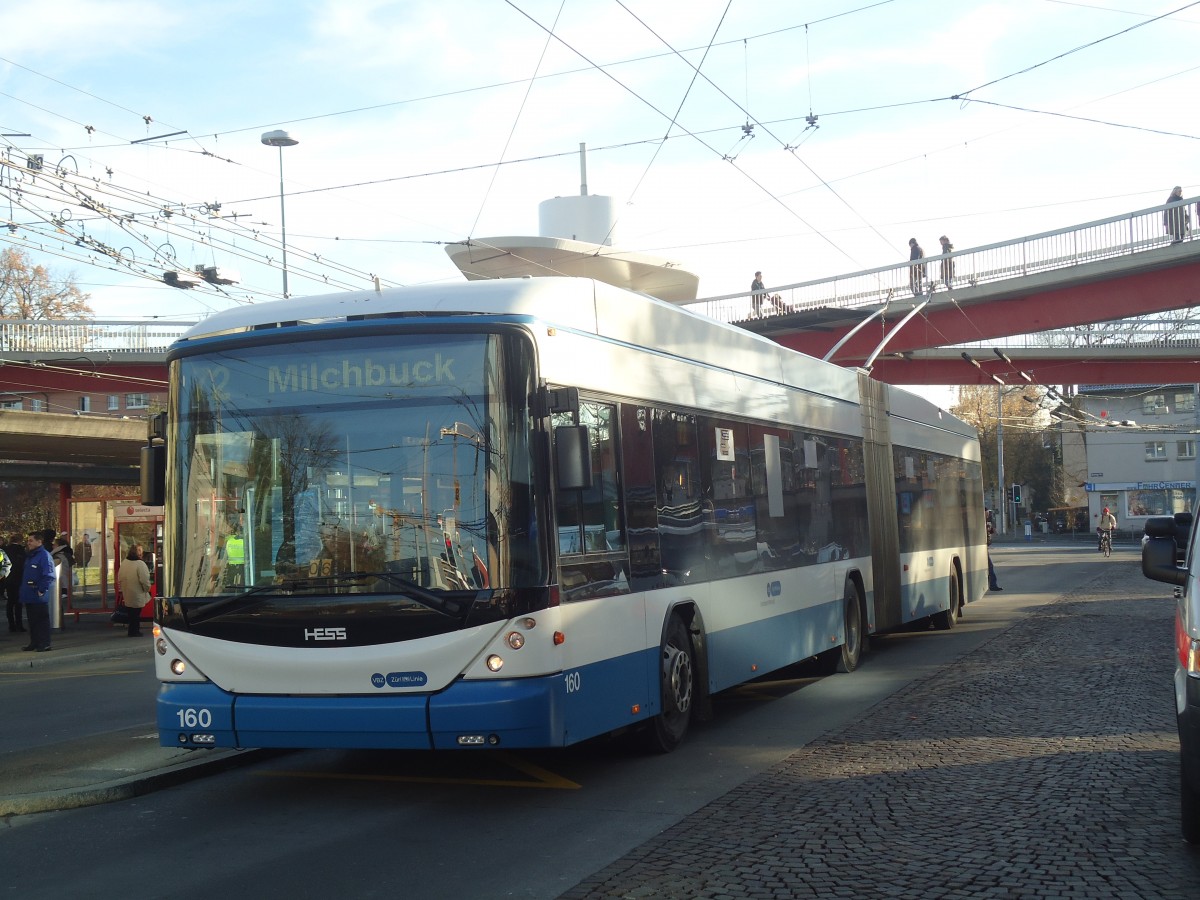 (148'280) - VBZ Z�rich - Nr. 160 - Hess/Hess Gelenktrolleybus am 9. Dezember 2013 in Z�rich, Bucheggplatz