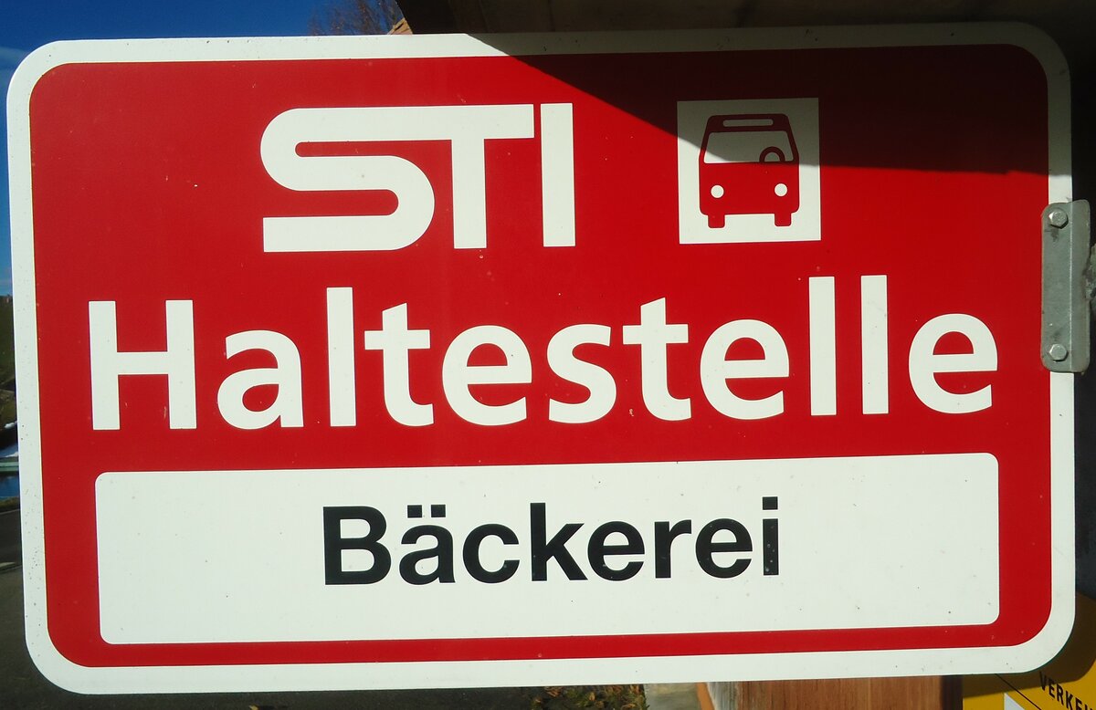 (148'323) - STI-Haltestellenschild - Wangelen, B�ckerei - am 15. Dezember 2013